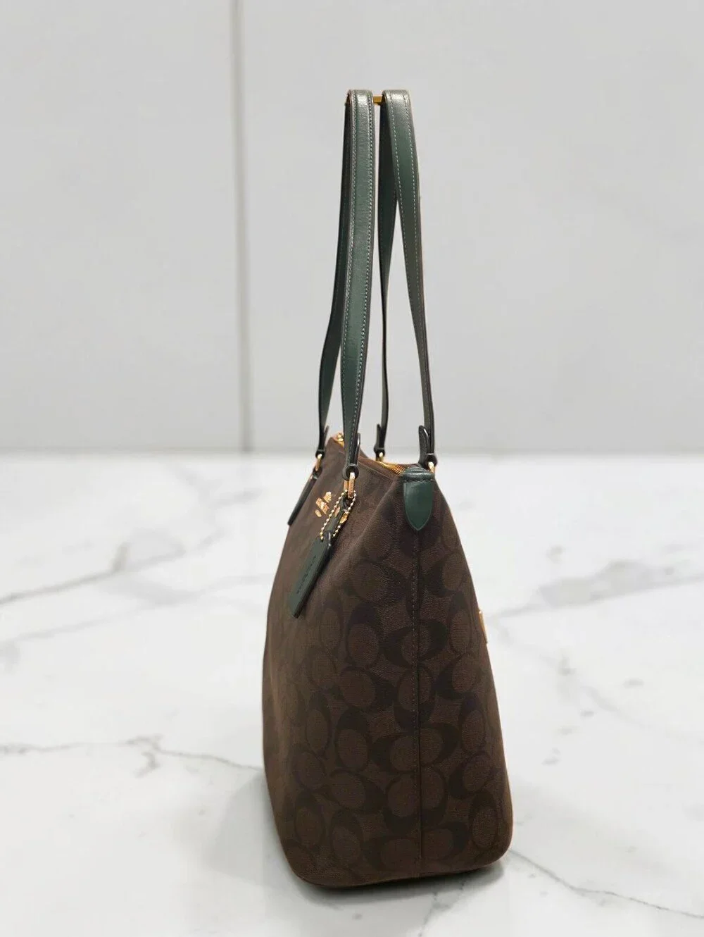 Coach CH504 Signature C Pine Green Leather Large Tote Bag Brown Gold HTF